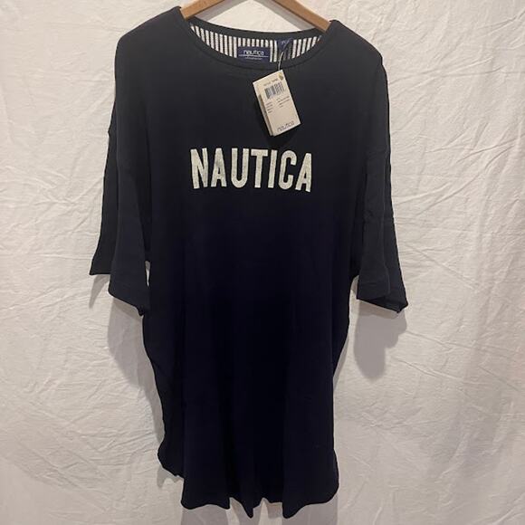 NWT VTG Y2K Nautica Logo Sleepwear Nightshirt Men Black White Navy Sz L - Picture 1 of 4